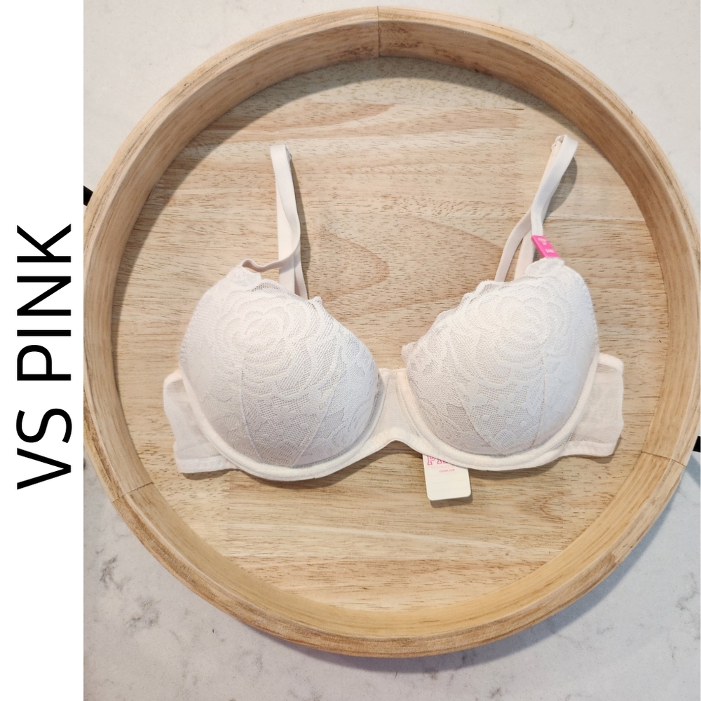 VS Pink White Lace Date Push-Up Bra 34B
